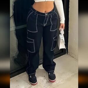 GUC Plus Size White Stitch Black Cargo Pants Sz 22